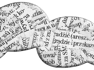 Two overlapping speech bubbles filled with various pieces of printed text.