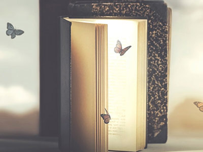An open book with glowing pages, surrounded by fluttering butterflies.