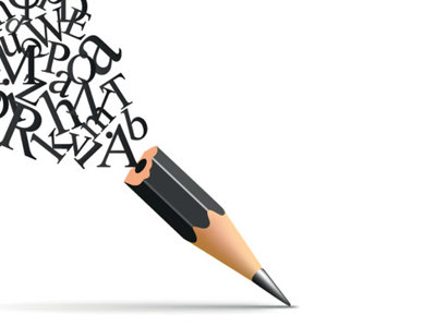Illustration of a pencil with letters coming out of it. 