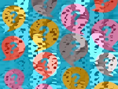A graphic illustration showing a number of coloured thought bubbles with question marks in them. 