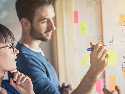 Two people writing out marketing communication plan on whiteboard. 