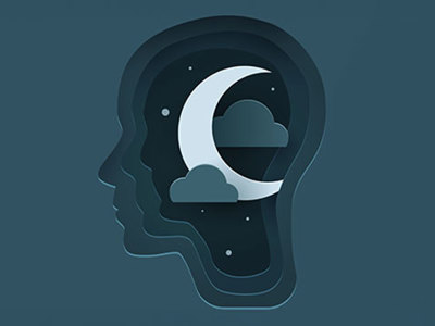 A silhouette of a human head contains layered cutouts of a night sky, featuring a crescent moon and clouds, symbolizing sleep.