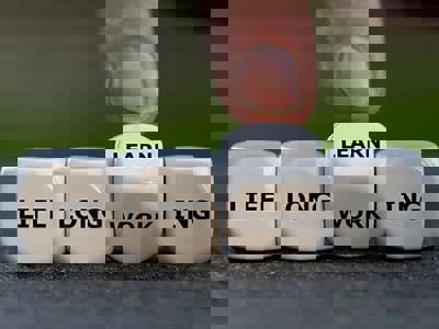 Photo of dice with the words "life long learn-ing/work-ing" on them.