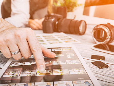 Photographers review contact sheets on a table with various cameras, lenses and equipment.